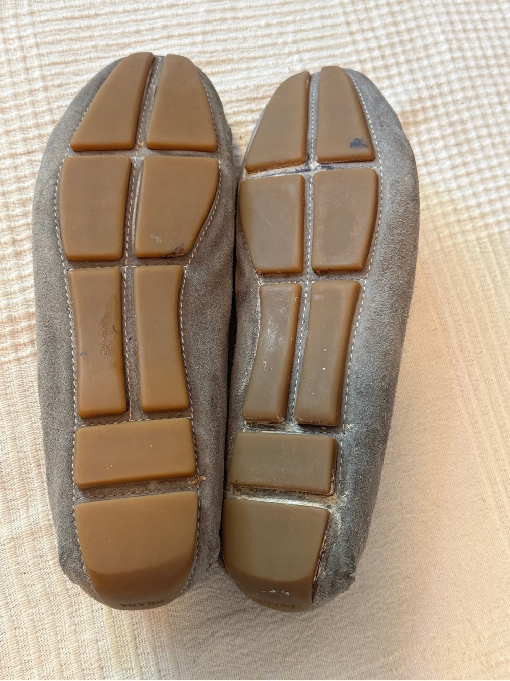 Prada Gray Suede Driving Mocassins with Gold Logo - Picture 6 of 7